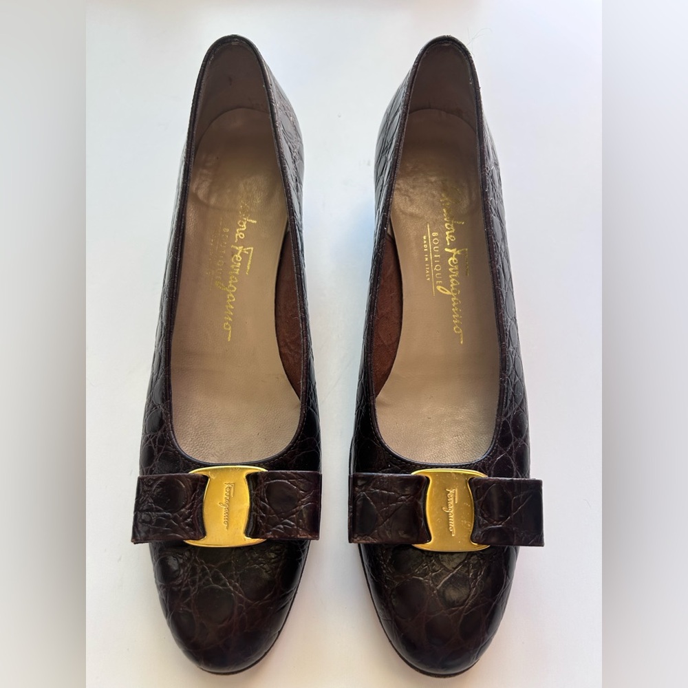 Vintage Salvatore Ferragamo Boutique Croc Leather Brown Heels Shoes 8A